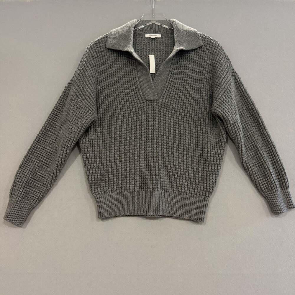 NWT Madewell Waffle Knit Sweater Women's Medium Gray Collared Academia Preppy